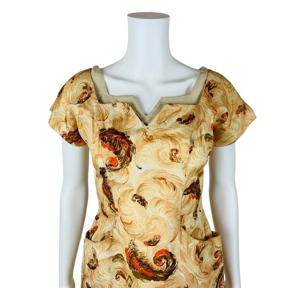 Vintage 1950s Novelty Print Dress Brown Feathers V Neck Wiggle Pin Up | W 25" - Picture 4 of 14